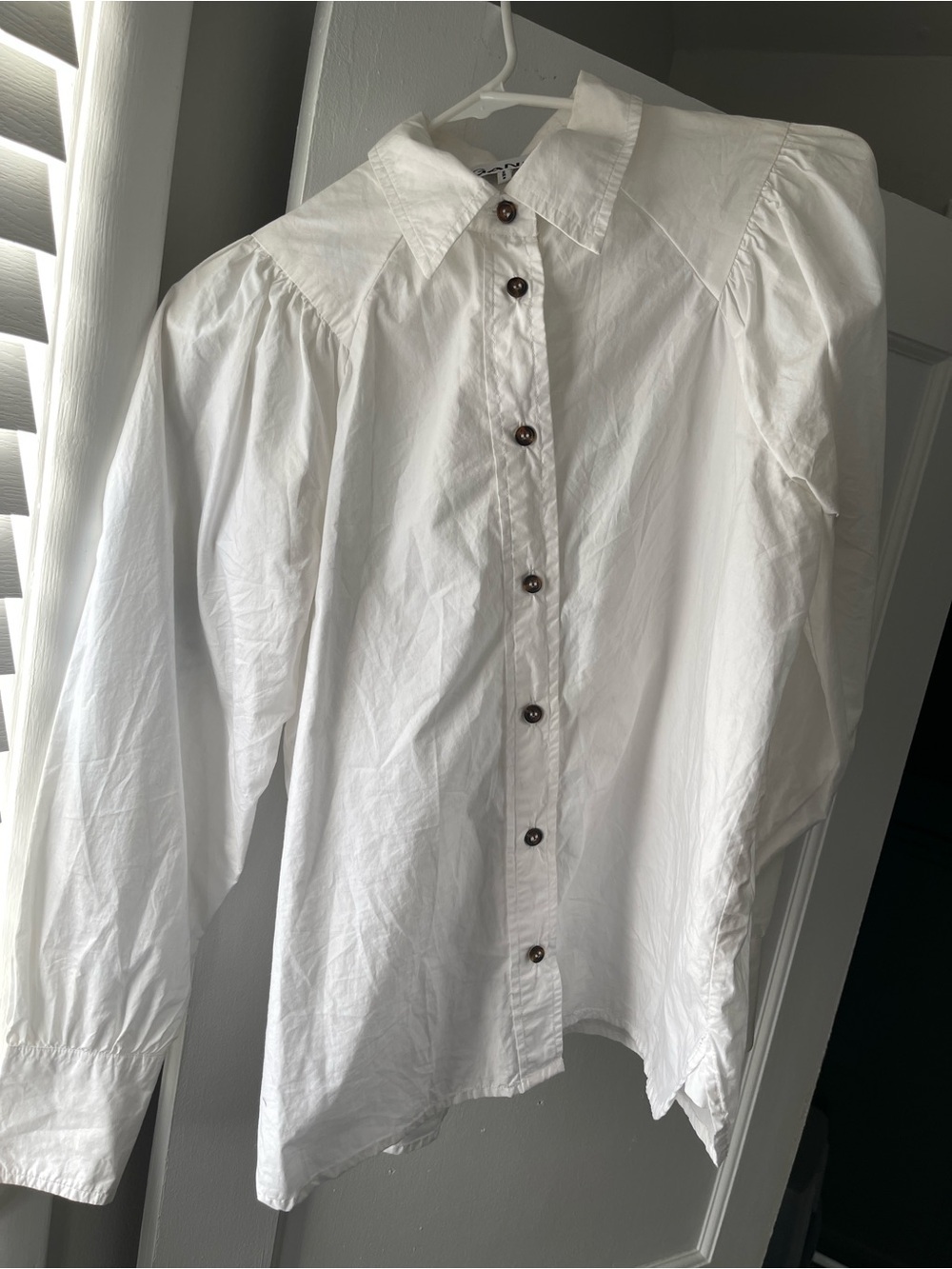 Ganni White Button-Down Puff Shoulder Cotton Shirt